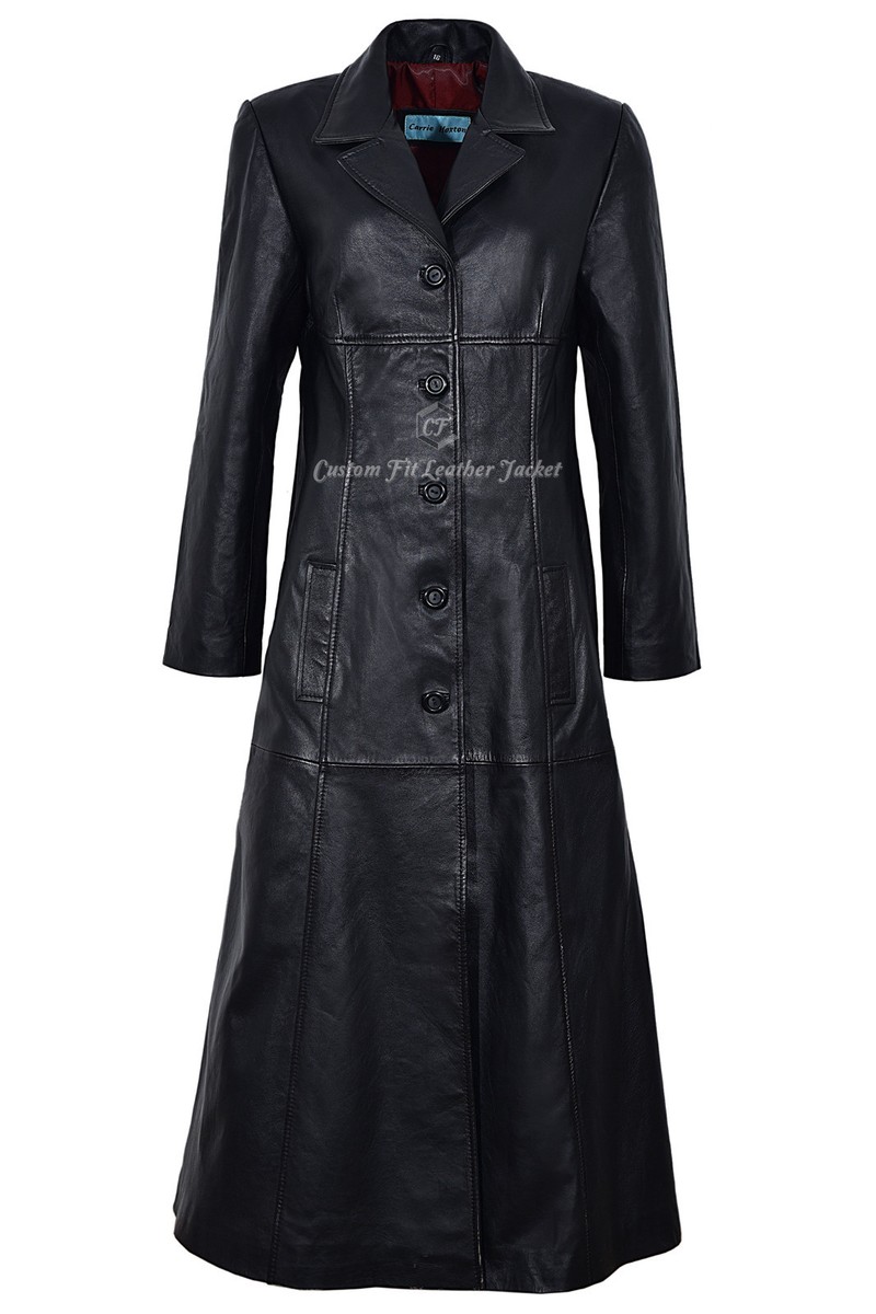 TRENCH Ladies Black Leather Coat With Red Lining Full-Length TRENCH Ladies Black Leather Coat With Red Lining Full-Length