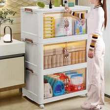 3 Pack Stackable Storage Bins with Wheels & Lids Magnetic Door Plastic Container