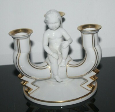 Porzellan, figürlicher Kerzenleuchter, Krautheim, Junge, Art Deco, Gold, selten
