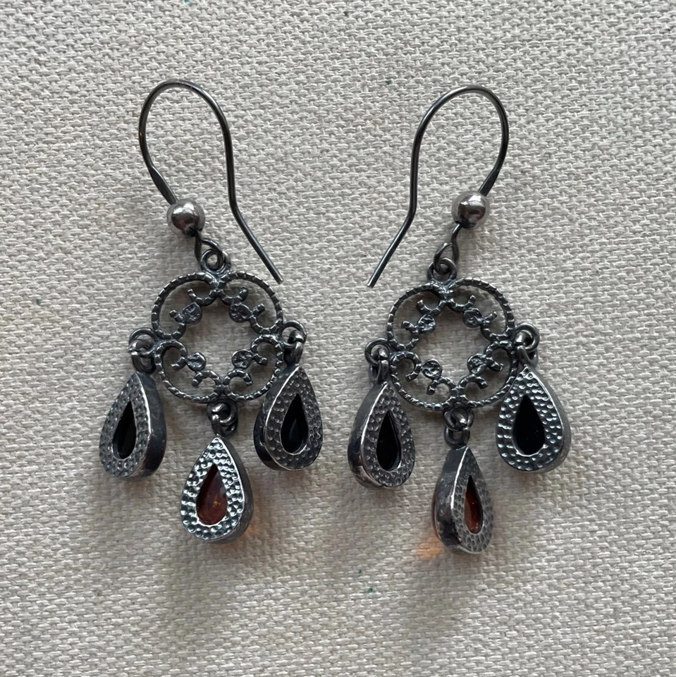 Gunmetal Chandelier Earrings Sterling Caviar Cable Dangle Steampunk Gothic 2" - Image 3 of 4