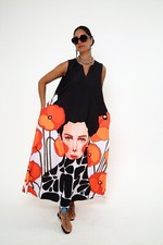Women's Abstract Art-Inspired Viscose  Sleeveless Black  Maxi Dress With Pocket
