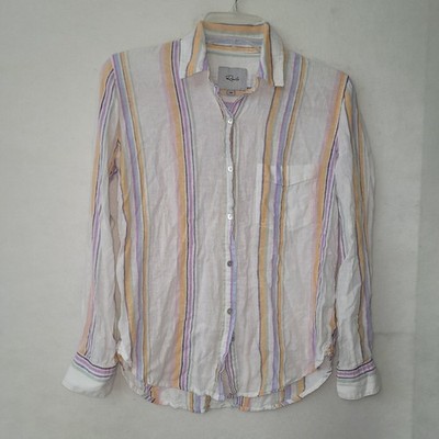 Rails Charli Merida Stripe Shirt Womens XXS White Multi Pastel Linen Blend Top