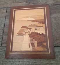 Vintage Italian Inlaid Wood Marquetry Sorrento Coastline Italy Landscape Plaque