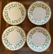 4 Lenox Holiday Dimensions Collection 8” Salad Plate Holly Berries USA Made