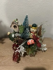 Vintage Christmas Assemblage Upcycled Decor~Snowman Birdhouse Bottle Brush Trees