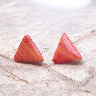 Handcrafted Gold Stud Post Polymer Clay And Resin Triangle Earrings Orange 