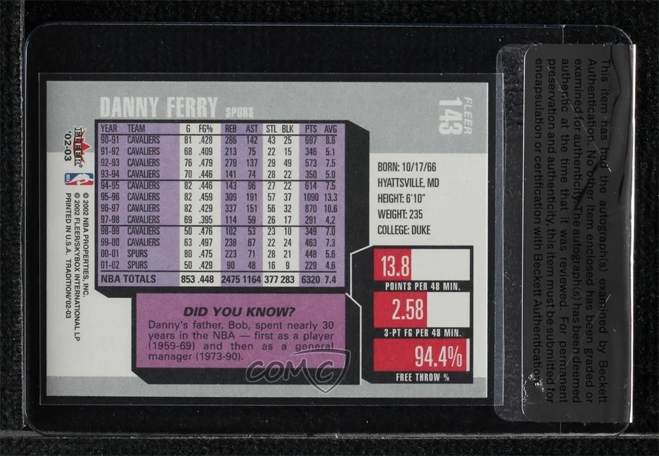 BAS 2002-03 Fleer Tradition Danny Ferry #143 Sello de Autenticidad Automático Foto 2 de 2