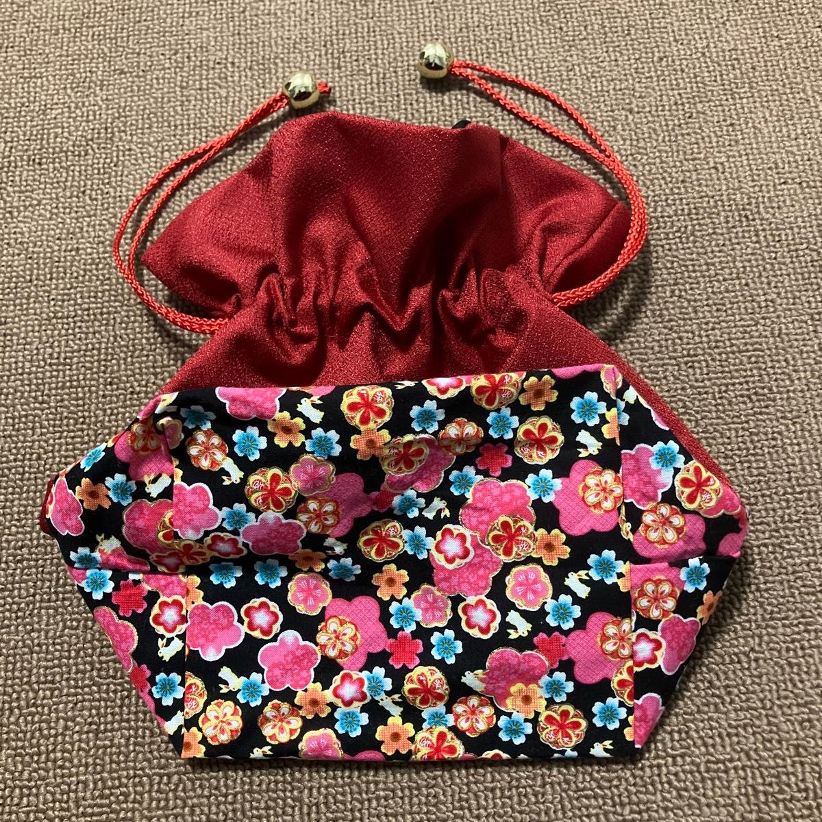 Japanese pattern drawstring bag red cherry blosso… - image 2