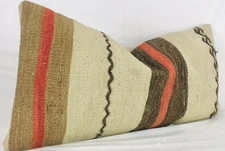 Decorative Handmade Turkish Kilim Lumbar Pillow Cover 12x24 Beige Brown Cushion