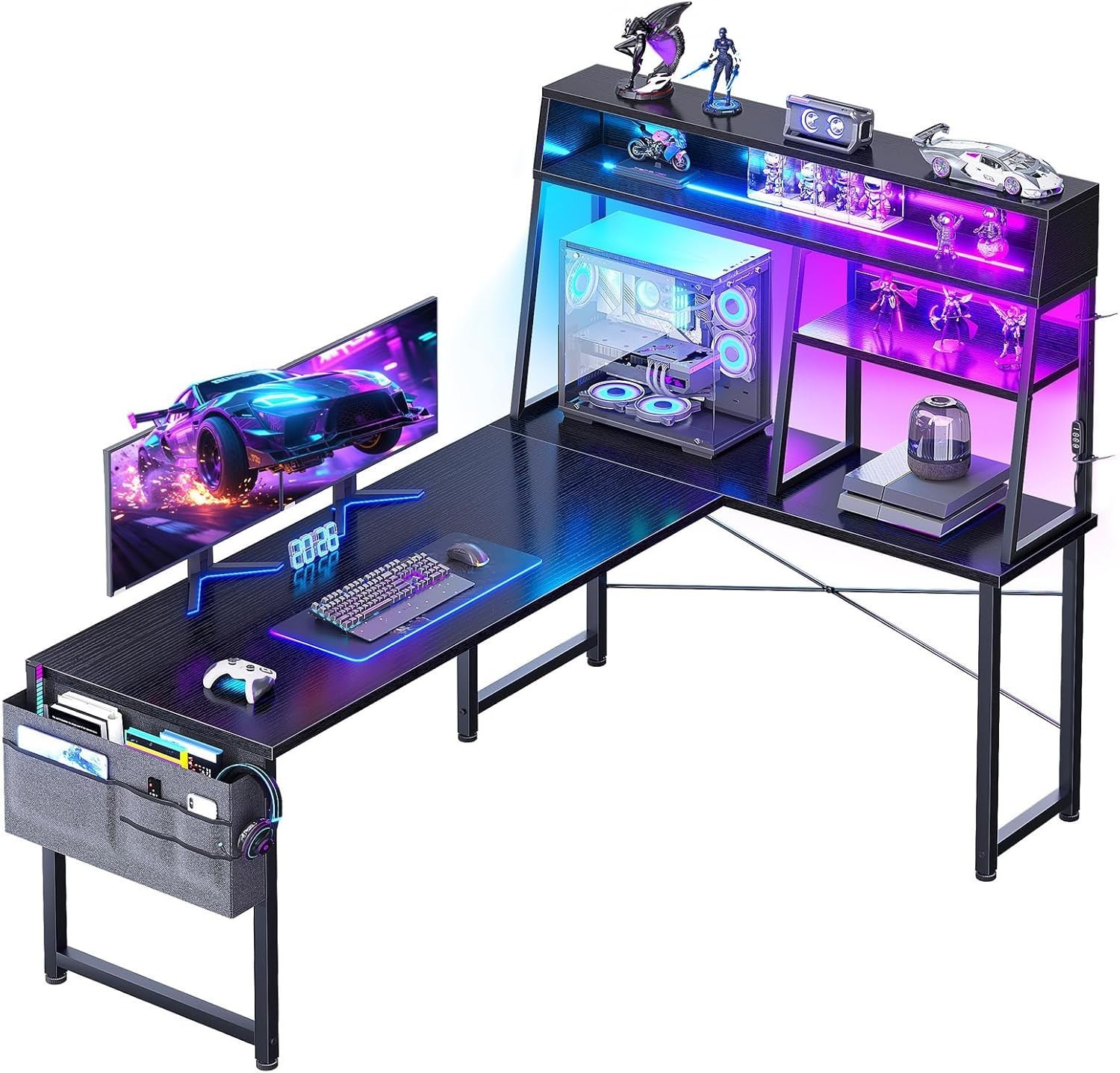 L Shaped Gaming Desk LED Lights 130x100cm