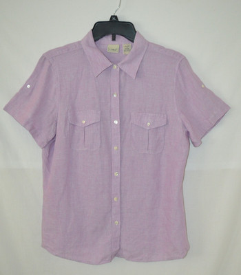 LL Bean Shirt Womens M Large Lilac Purple Linen Short Tab Sleeve Button Up 0 GYB