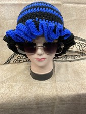Crochet Ruffle: Handmade Bucket Hat, Ruffle Beanie, Blue And Black, Adjustable