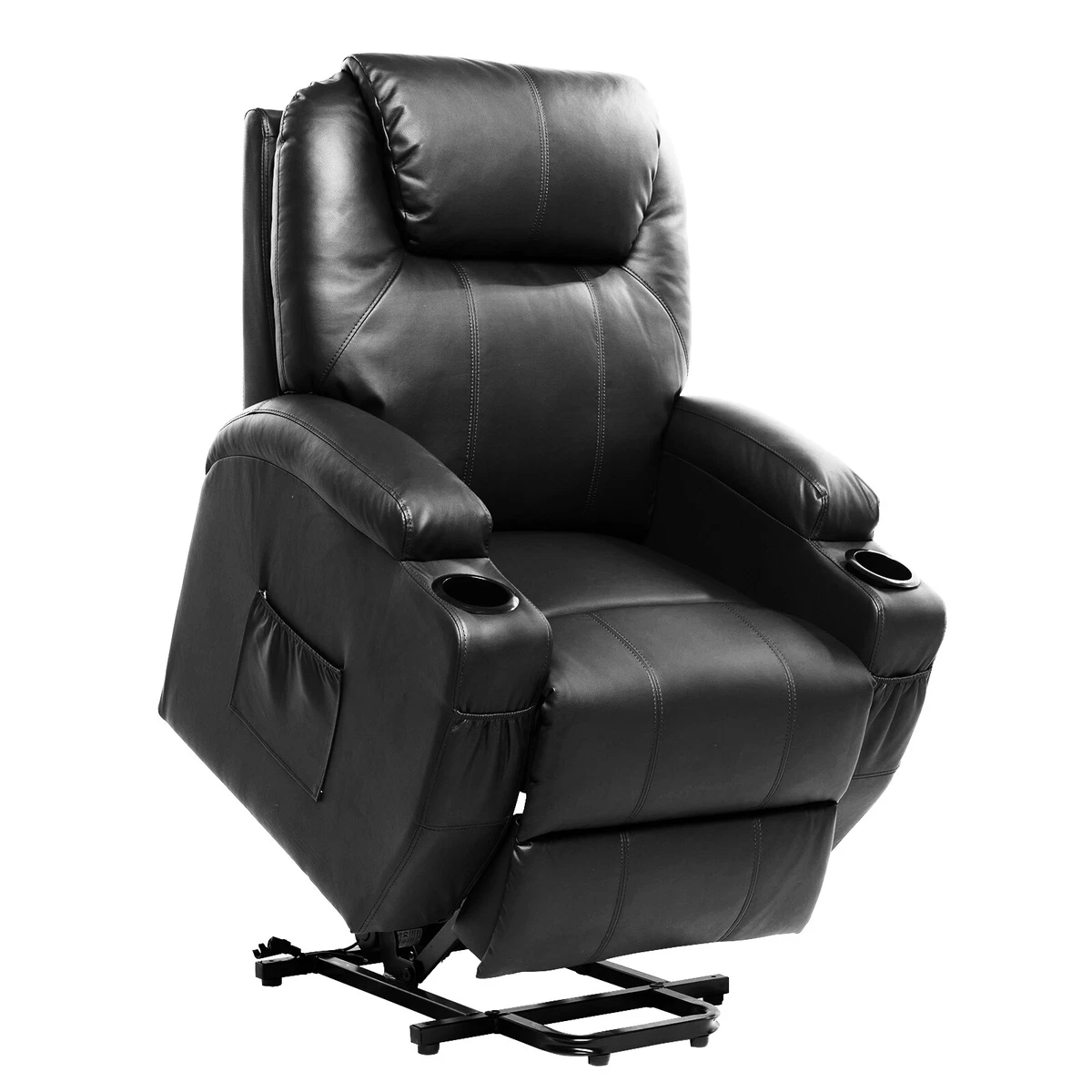 Polar Aurora Living Room Power Lift Massage Recliner Chair for Elderly PU Leather Heated Recliner Ergonomic Lounge Vibratory Massage Function with Cup