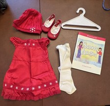 NIB American Girl Scarlet & Snow Outfit Red Snowflake Dress, Hat, Shoes, Tights