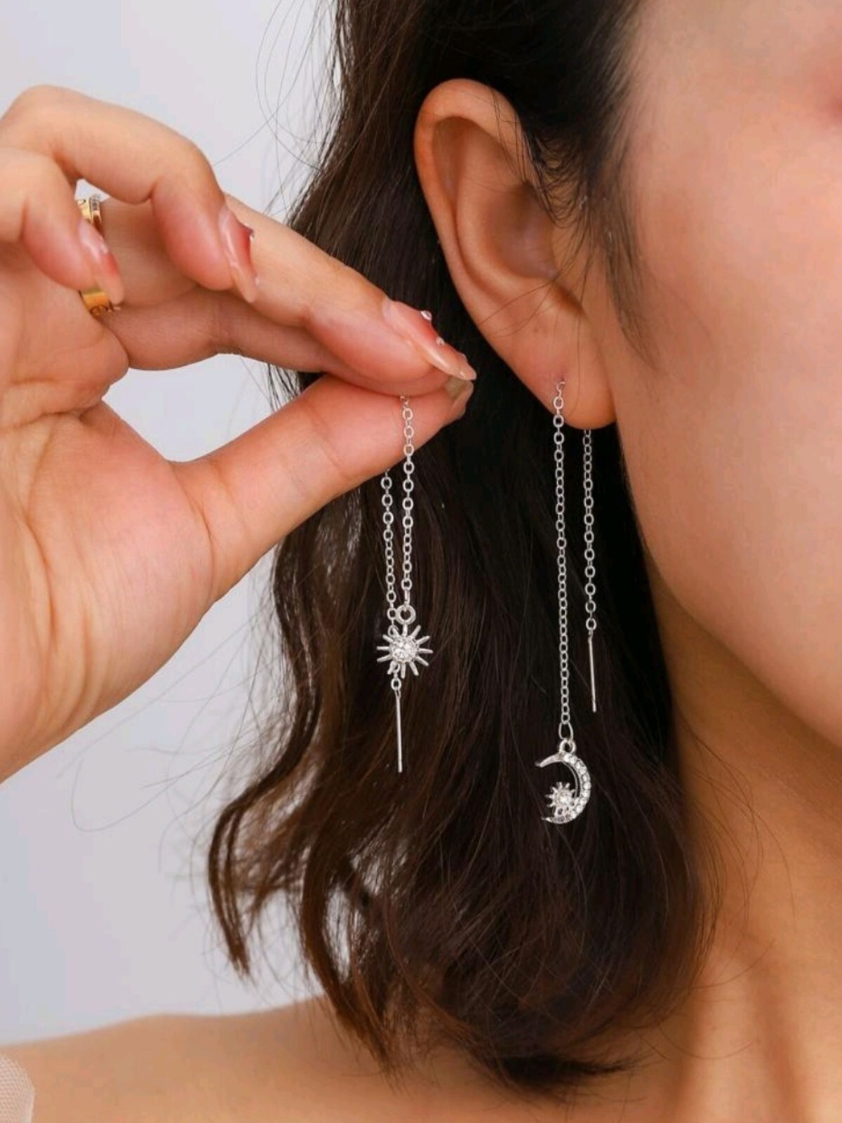 14k White Gold Sun Moon Threader Earrings - Perfect Birthday Gift for Women