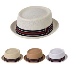 Adults Straw Lightweight Summer Pork Pie Striped Band Hat Beach Sun All Sizes