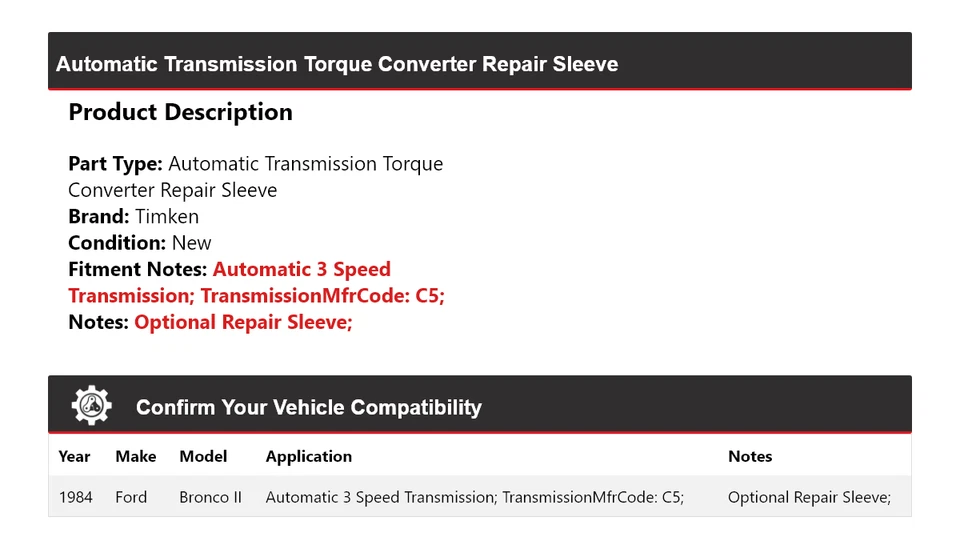 Para Ford Bronco II 1984 transmisión automática convertidor de par manguito de reparación Timken Foto 2 de 4