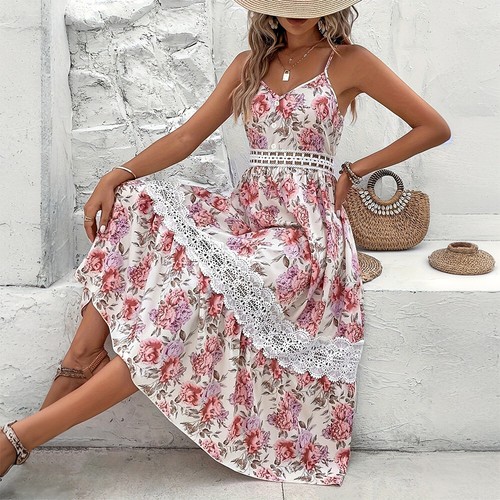 Damen V-Neck Trägerkleid Blumen A-Linie Urlaub Sommerkleid Strand Freizeitkleid+ - Bild 8 von 25