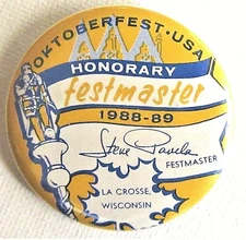 La Crosse, WI pinback button: 1988-89 OKTOBERFEST Honorary Festmaster pin, badge