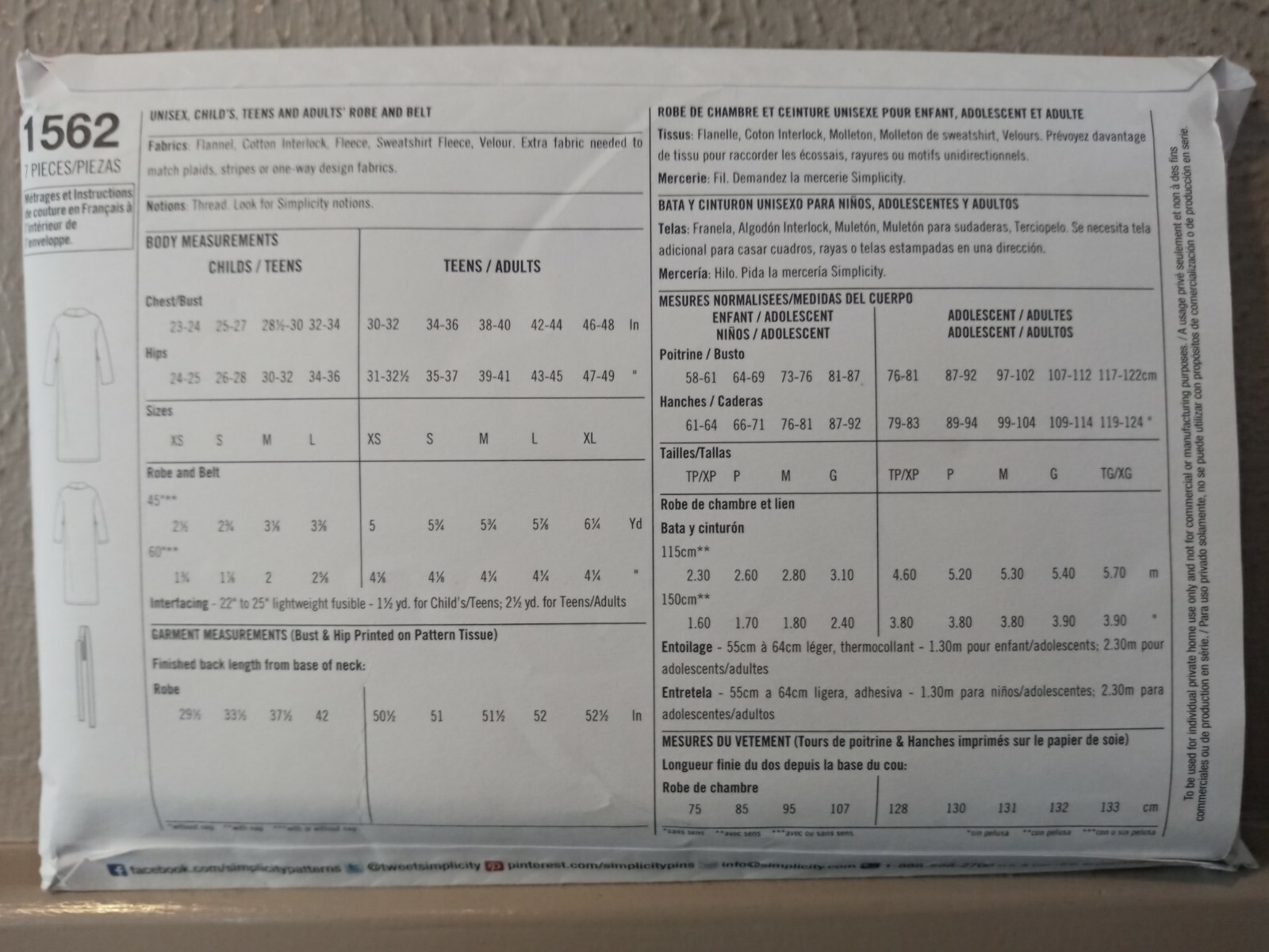 Simplicity 1562 Adult Child Easy to Sew Bathrobe Pattern Male Female