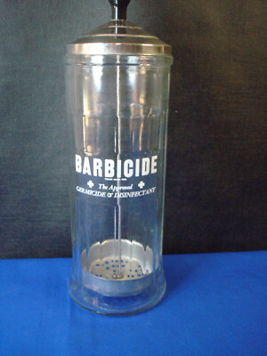VINTAGE BARBICIDE Glass Disinfectant Barber Beauty Shop Comb Jar - KING RESEARCH