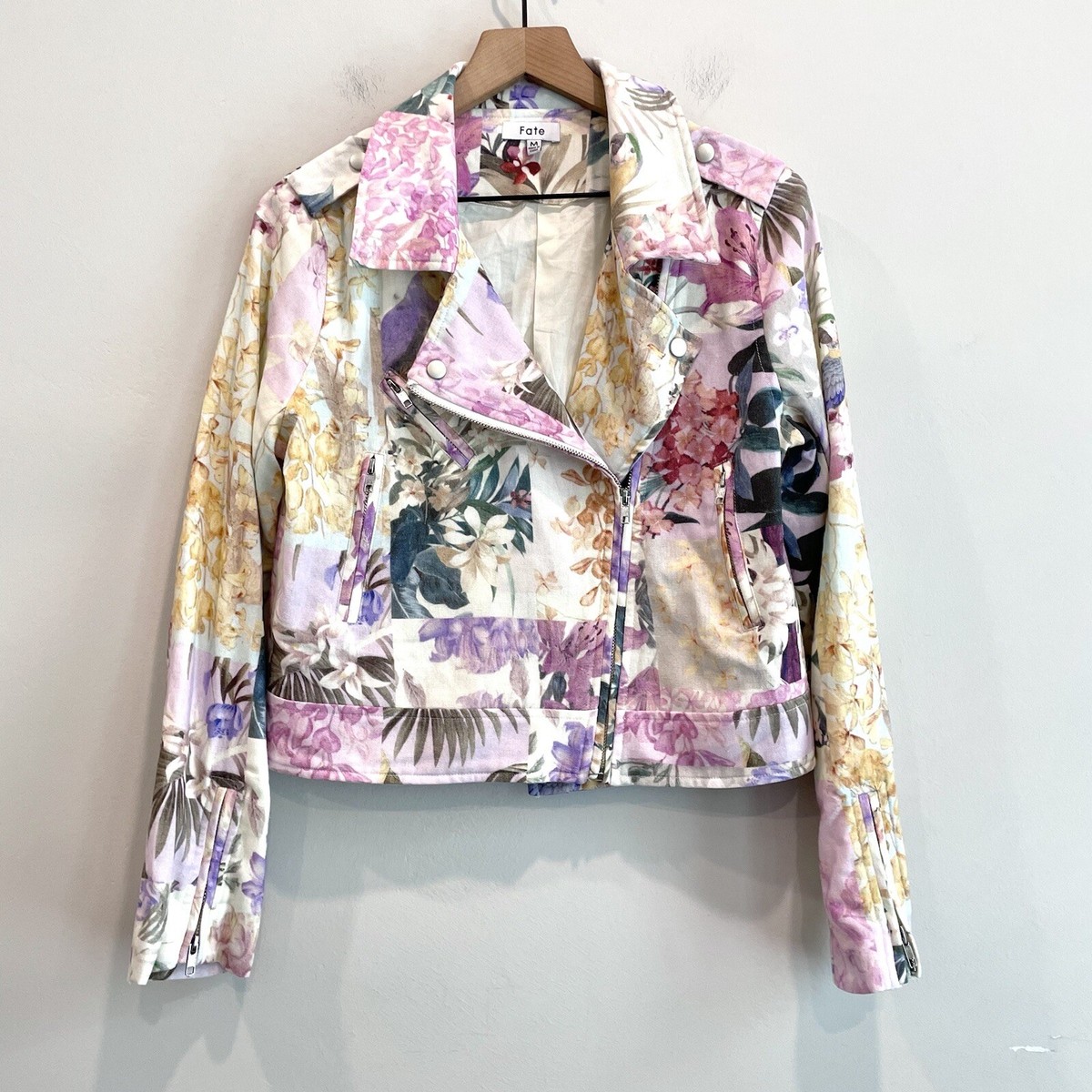 【THE MOZZ】Rose Stripe Setup Jacket Fate Women's M Zip Front Floral Bird Pattern Moto Style