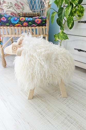 White Fur Ottoman Real Sheepskin Pouf Nursery Room Natural Sheepskin Seat Cover - Picture 6 of 10