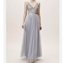 BHLDN Avery sequin beaded fog gray maxi pleated tulle formal dress sz 4