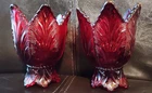 Vintage Fenton Ruby Red Glass Feather Leaf 2 Way Votive Taper Candle Holder Pair