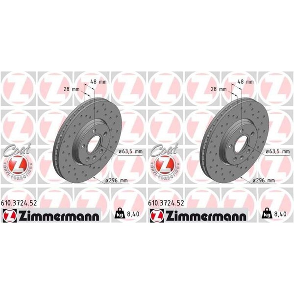 2X Zimmermann Sport Bremsscheiben 296Mm Gelocht Vorne Passend FüR Volvo S60 S90-image