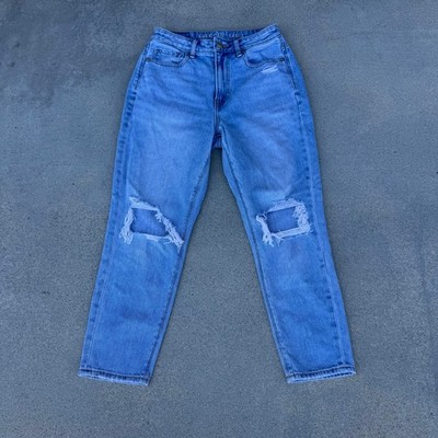 American Eagle Mom Jeans Womens 2 X-Short Blue Distressed High Rise Medium Wash