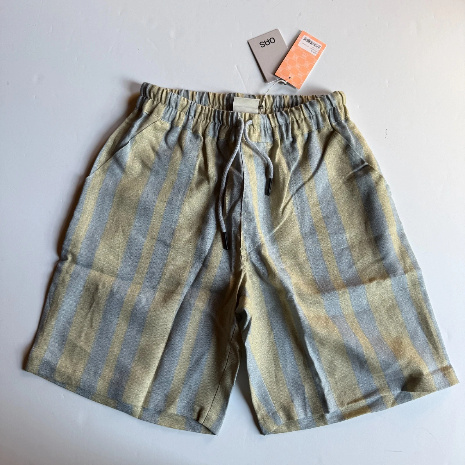 OAS Mist Strata Nicola Striped Linen Shorts - Blue/ Green - Men's Large