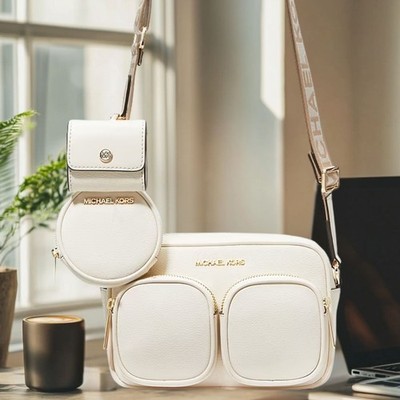 Michael Kors Jet Set Medium Leather Crossbody Bag with Airpods Case Light Cream