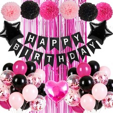 Pink and Black Birthday Decorations for Women, Happy Birthday Banner Hot Pink...