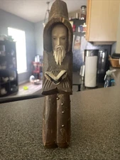 Vintage Monk Statue Hand Carved Detailed Wood Priest Figure Reading Book Bible
