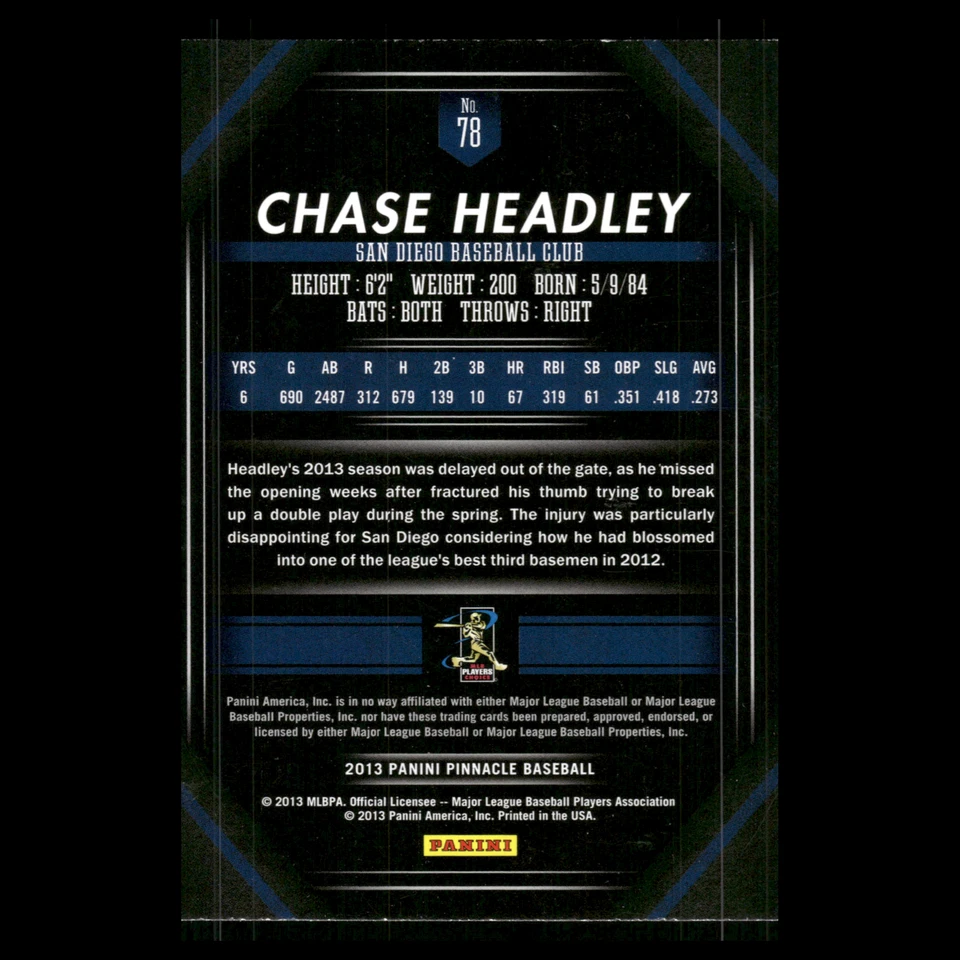 Chase Headley #78 2013 Pinnacle San Diego Padres Baseball Card MLB - Image 2 of 3