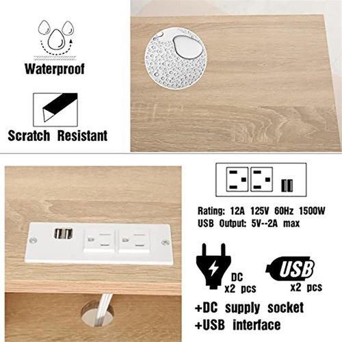 Pemberly Row Writing Desk w/ Drawer USB Ports Charging Station in Oak/White - Picture 2 of 3