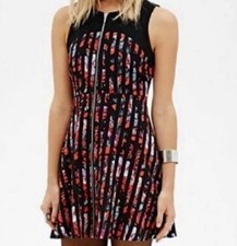 Forever 21 Black Red Pink Floral Stripe Sleeveless Zipper Front Mini Dress M