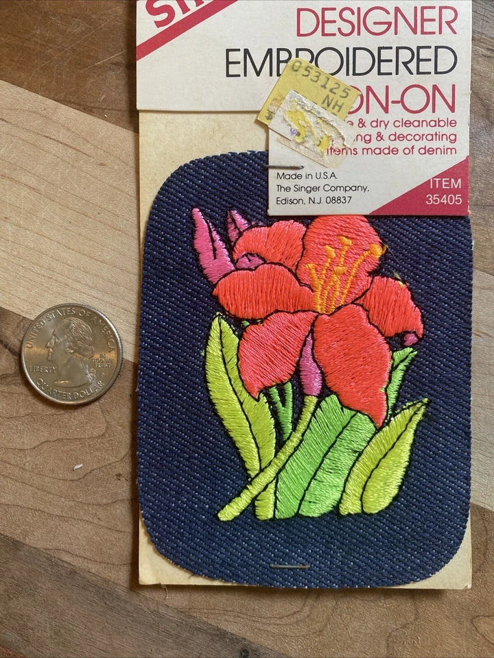 Vintage Singer Designer Embroidered Iron-On Denim Patch Neon Flower - Image 4 of 4