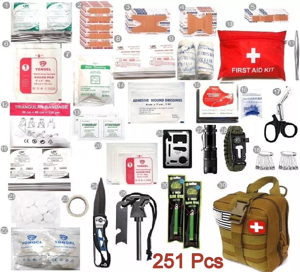 Kit de supervivencia de emergencia, 151 piezas Kit de primeros auxilios de  equipo de supervivencia, Bolsa de trauma al aire libre con linterna táctica  Cuchillo Alicates Pluma Manta Pulseras Brújula Fo