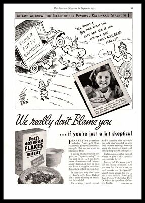 1934 Post's 40% Bran Flakes Wheat Cereal Elmer Futty Grocery F. Fox Art Print Ad