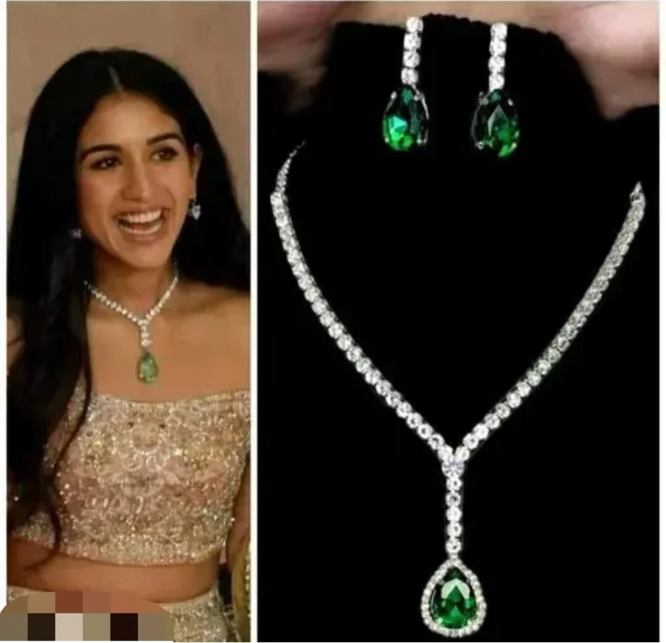 Juego de joyas AD piedra verde inspirada en Radhika Ambani Foto 2 de 2