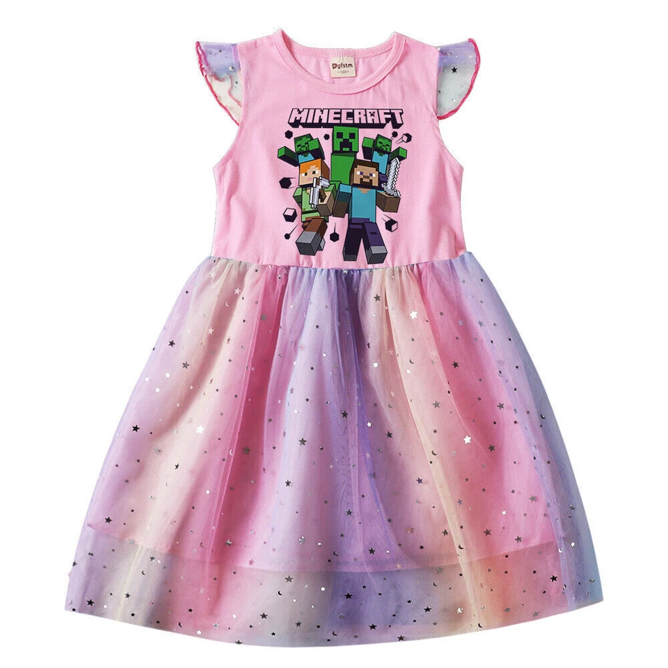 Children's Girl Cartoon Character Rainbow Mesh Dress Princess T-shirt Tutu Dress - Image 4 of 4