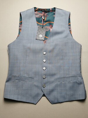 TED BAKER Mens UK 36R 100% Wool Blue Dragonfly Waistcoat NEW Lined Pockets Cinch