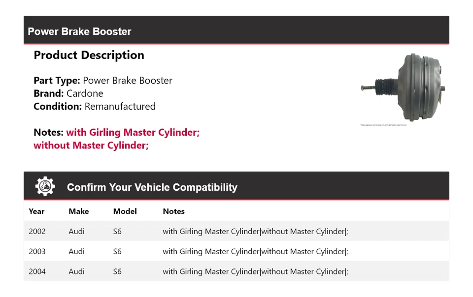 Para Audi S6 2002-2004 Power Brake Booster Cardone 2003 Foto 2 de 4