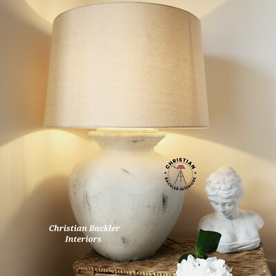 Extra Large Ceramic Table Lamp with Linen Shade Aged White Stone Base 75cm  Tall UK