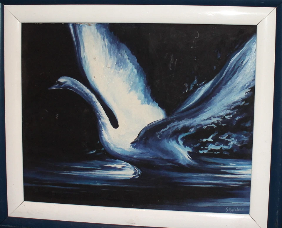 VINTAGE MODERNIST OIL PAINTING SWAN SIGNED - image 2 of 4