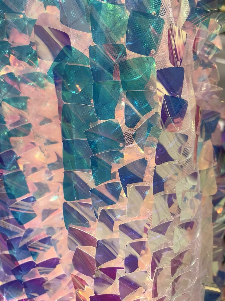 CLEAR IRIDESCENT SEQUINS-DRAGON SCALES EMBROIDER ON A MESH-SOLD BY THE YARD. - Image 4 of 4