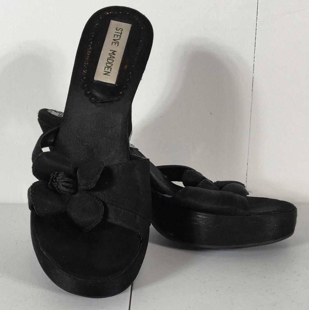 Chunky Heel Goth Steve Madden Sultan Vintage Y2K Black Satin Platform Sandals