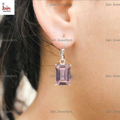 Pendientes colgantes de morganita de corte esmeralda de oro blanco sólido rea... - Imagen 3 de 4